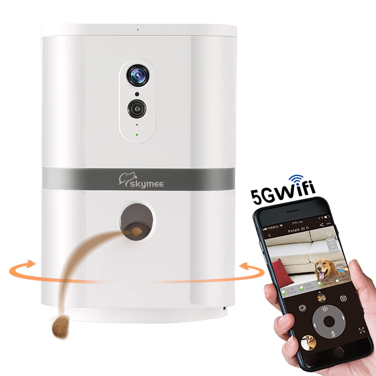 SKYMEE Petalk AI II Dog Camera Automatic Treat Dispenser, 5G WiFi Full HD Pet Camera with 180° Pan Full-Room View,Night Vision,Two Way Audio for Dogs and Cats,Compatible with Alexa (Support 5G WiFi)