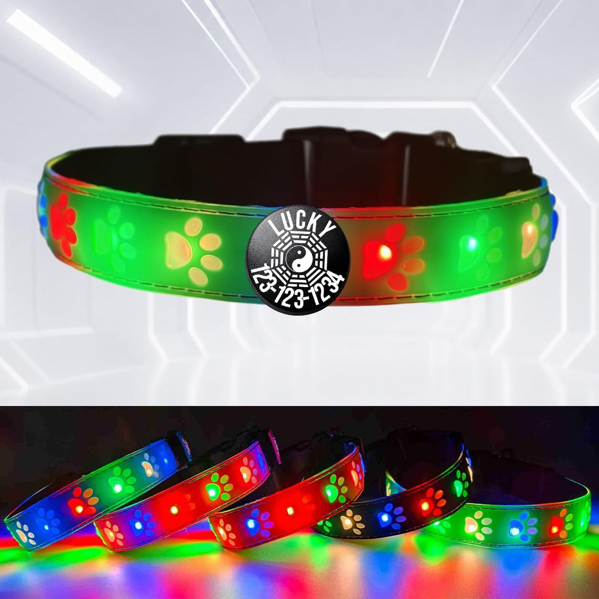 DOGLED LED Light up Dog Collar with Laser Engraved ID Tag, Paw Print Design, 15 Color Modes, USB-C Charging, Waterproof