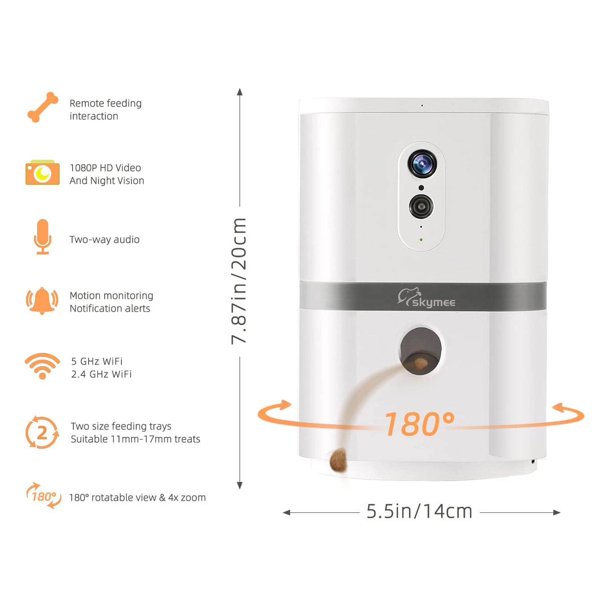 SKYMEE Petalk AI II Dog Camera Automatic Treat Dispenser, 5G WiFi Full HD Pet Camera with 180° Pan Full-Room View,Night Vision,Two Way Audio for Dogs and Cats,Compatible with Alexa (Support 5G WiFi)