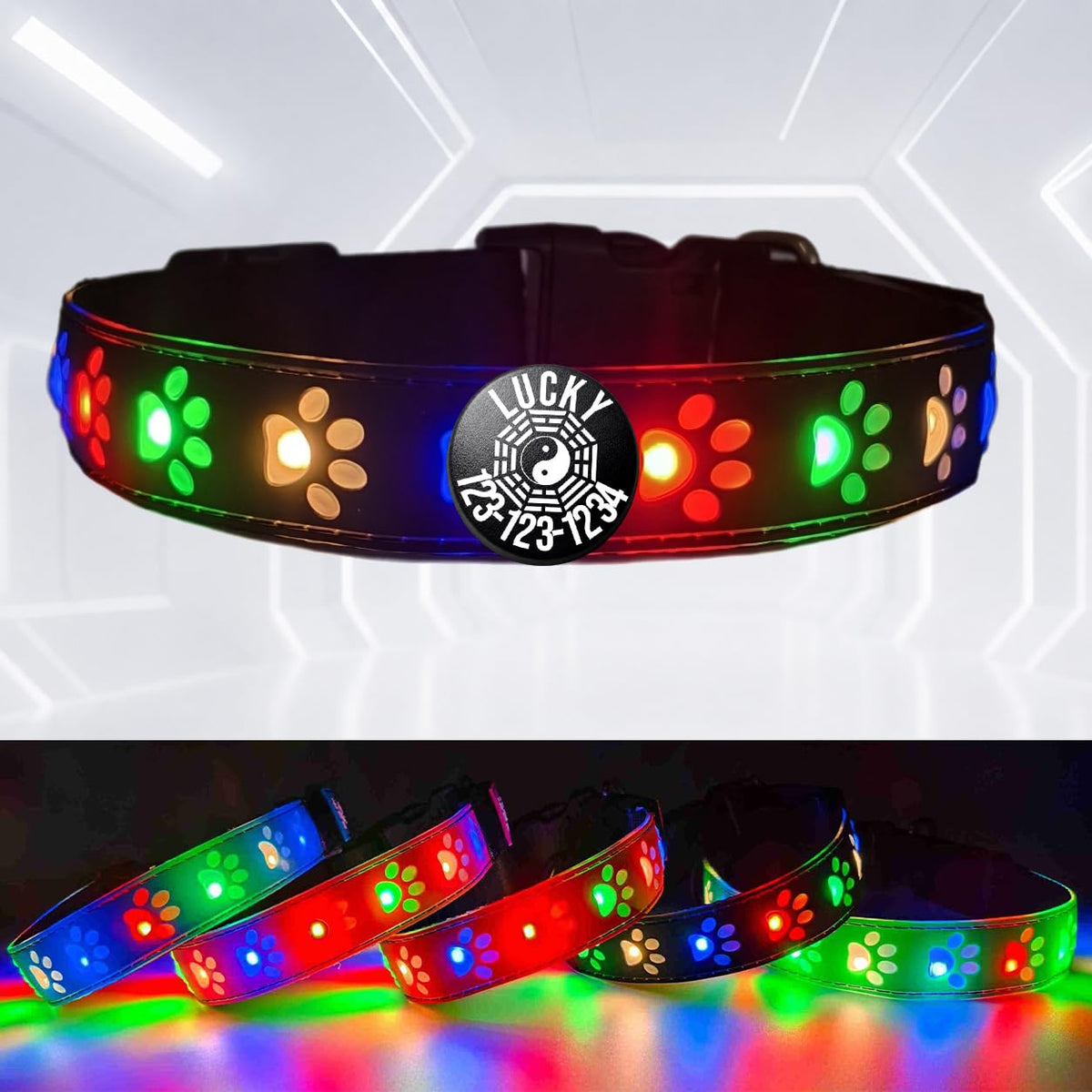 DOGLED LED Light up Dog Collar with Laser Engraved ID Tag, Paw Print Design, 15 Color Modes, USB-C Charging, Waterproof