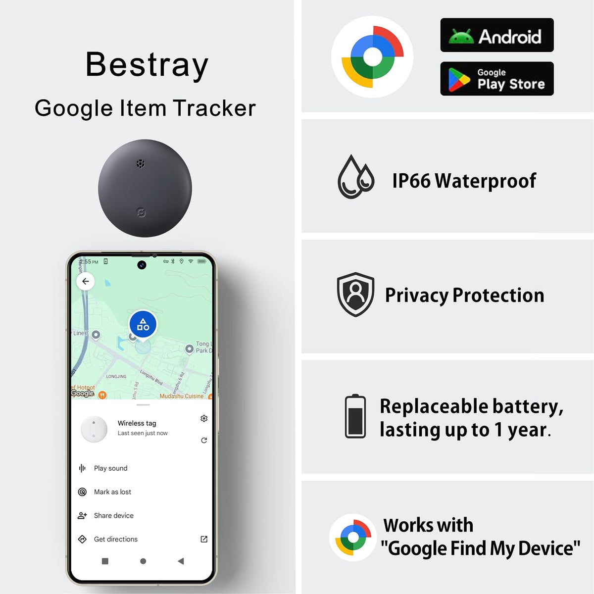 Bestray Air Tracker Tag for Android - 4 Pack, Bluetooth Tracker for Android Phones, Compatible with Google Find Hub Device