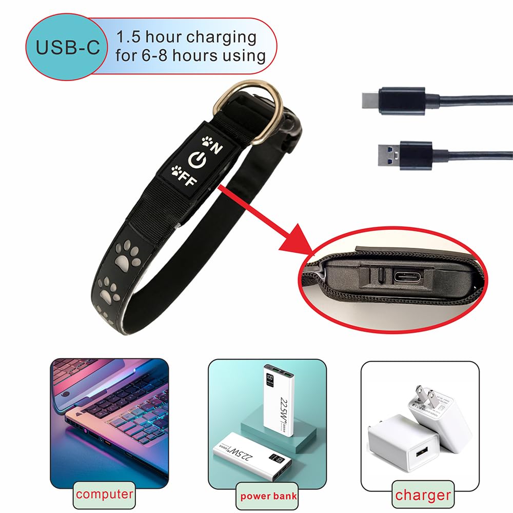 DOGLED LED Light up Dog Collar with Laser Engraved ID Tag, Paw Print Design, 15 Color Modes, USB-C Charging, Waterproof