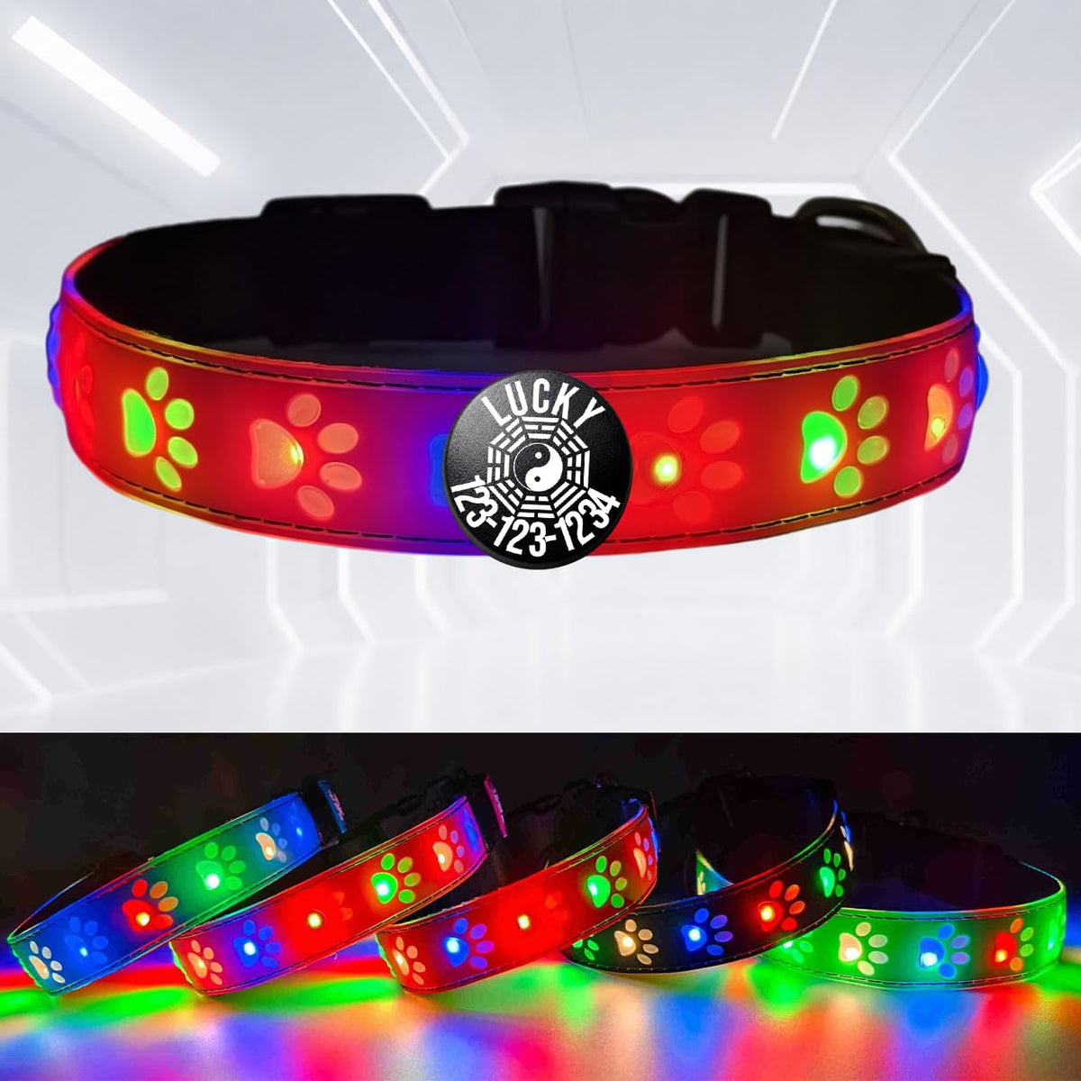 DOGLED LED Light up Dog Collar with Laser Engraved ID Tag, Paw Print Design, 15 Color Modes, USB-C Charging, Waterproof