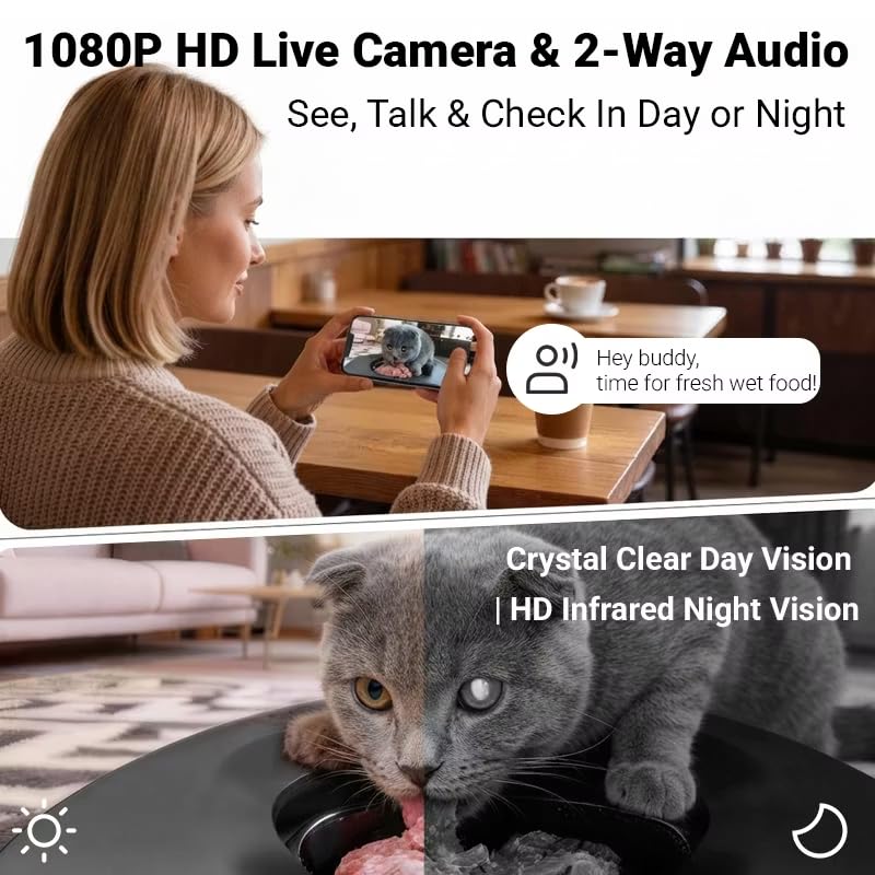 Papapaw AI Facial Recognition Cat Feeder for 10 Cats, Built-in Ice Pack Keeps Wet Food Fresh 12Hrs, Multi-Cat Feeder with WiFi App, Night Vision, Timed Portions, Stainless Steel Bowls, Dry & Wet Food
