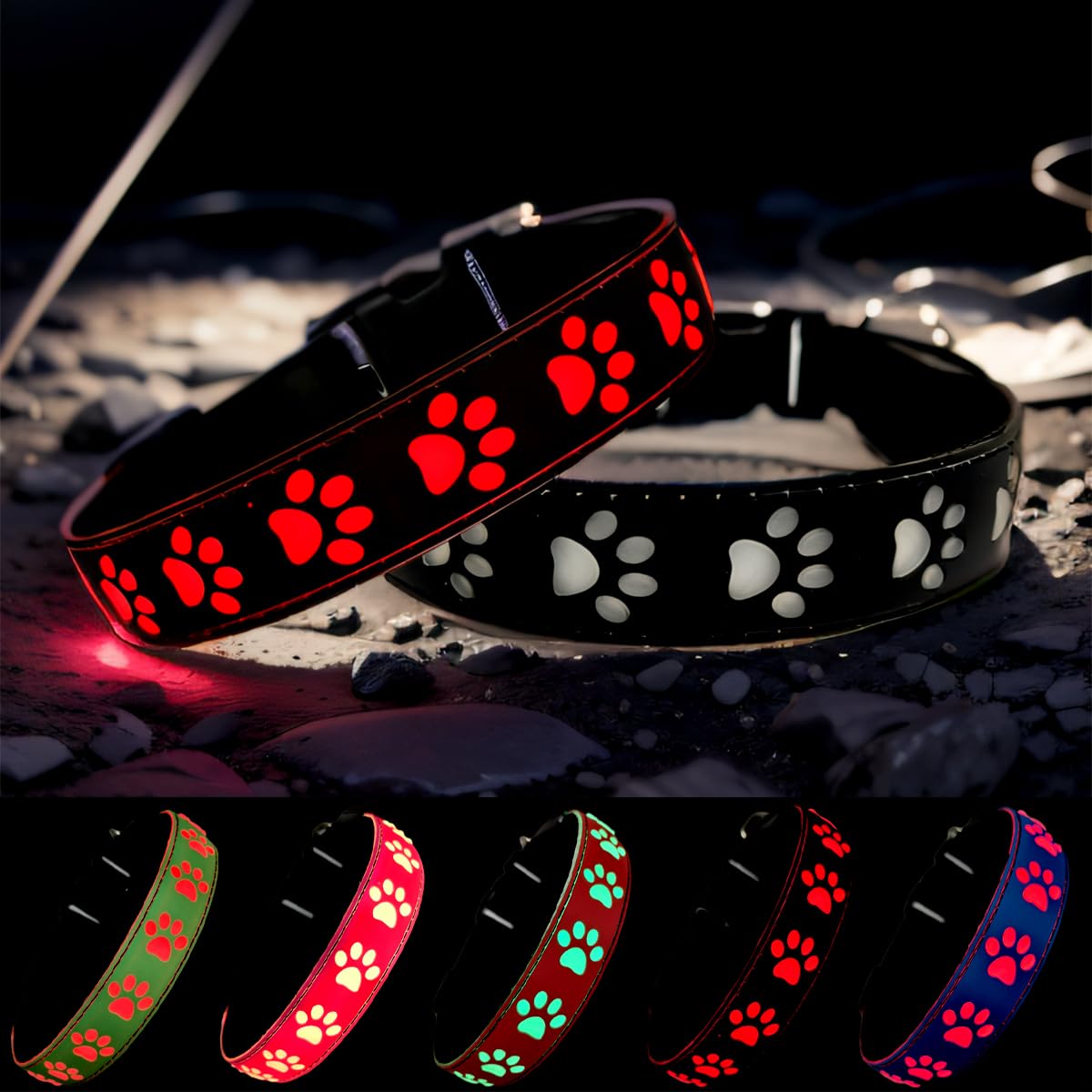 DOGLED LED Light up Dog Collar with Laser Engraved ID Tag, Paw Print Design, 15 Color Modes, USB-C Charging, Waterproof