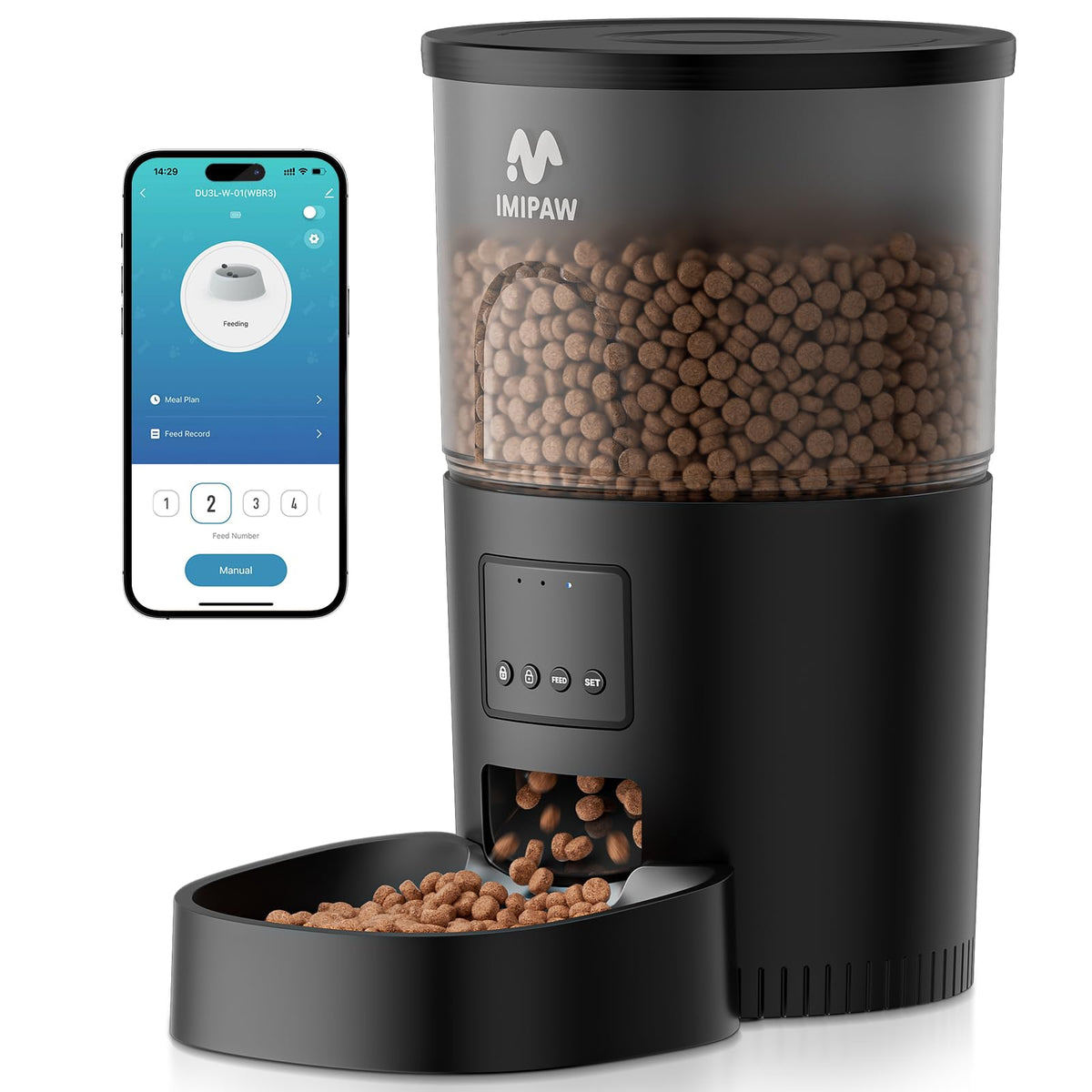 IMIPAW Automatic Cat Feeder, 5G WiFi Cat Food Dispenser with APP Remote Control, Pet Dry Food Smart Feeder, Programmable Timed Feeding, Dual Power Supply, 1-10 Meals Per Day, Desiccant Bag, Small pets