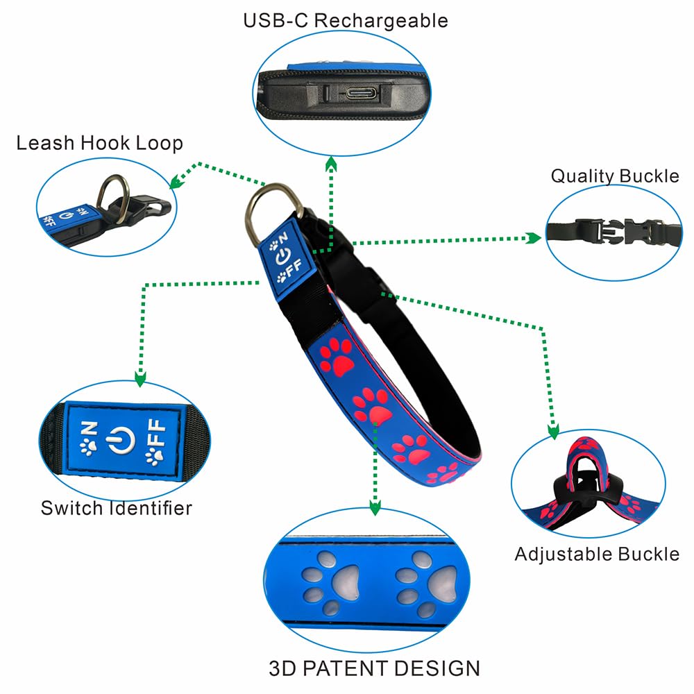 DOGLED LED Light up Dog Collar with Laser Engraved ID Tag, Paw Print Design, 15 Color Modes, USB-C Charging, Waterproof