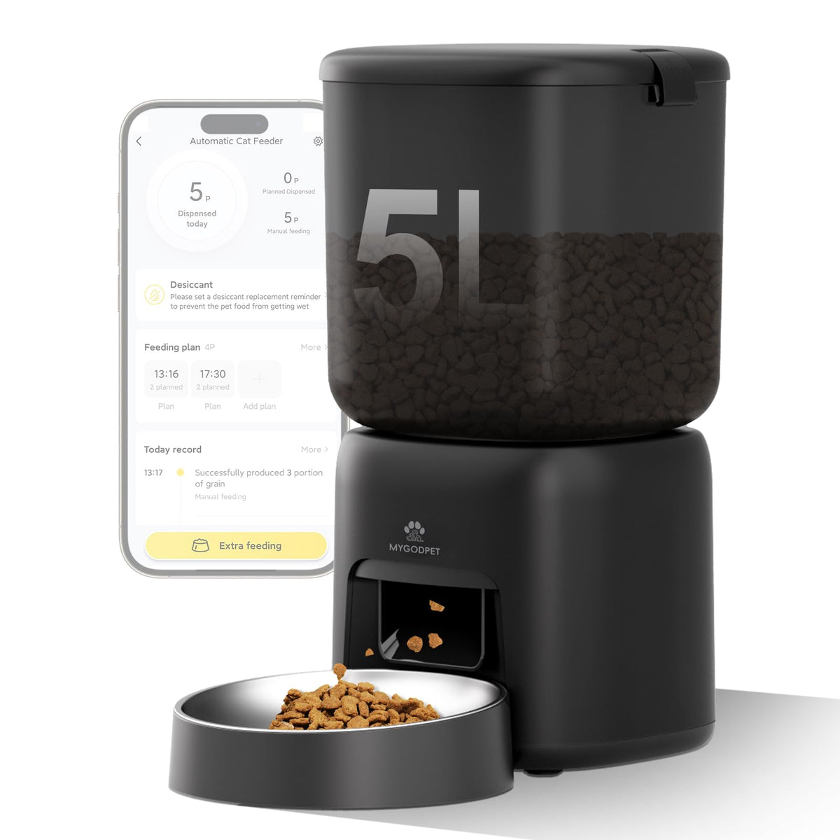 Automatic Cat Feeder, 5G WiFi Auto Cat Food Dispenser with Desiccant Bag, 5L Timed Pet Feeder with Free APP Service, Adjustable Portions Down to 1/12 Cup, Up to 10 Meals Per Day, Dual Power Supply