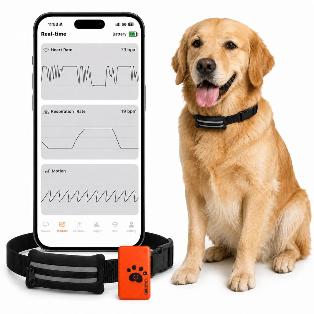 Clvior Smart Dog Health Monitor Collar, Heart Rate & Respiratory Rate Monitor, Activity & HRV Tracking, App Wellness Reports, IP67 Water Resistant, No Monthly Fee