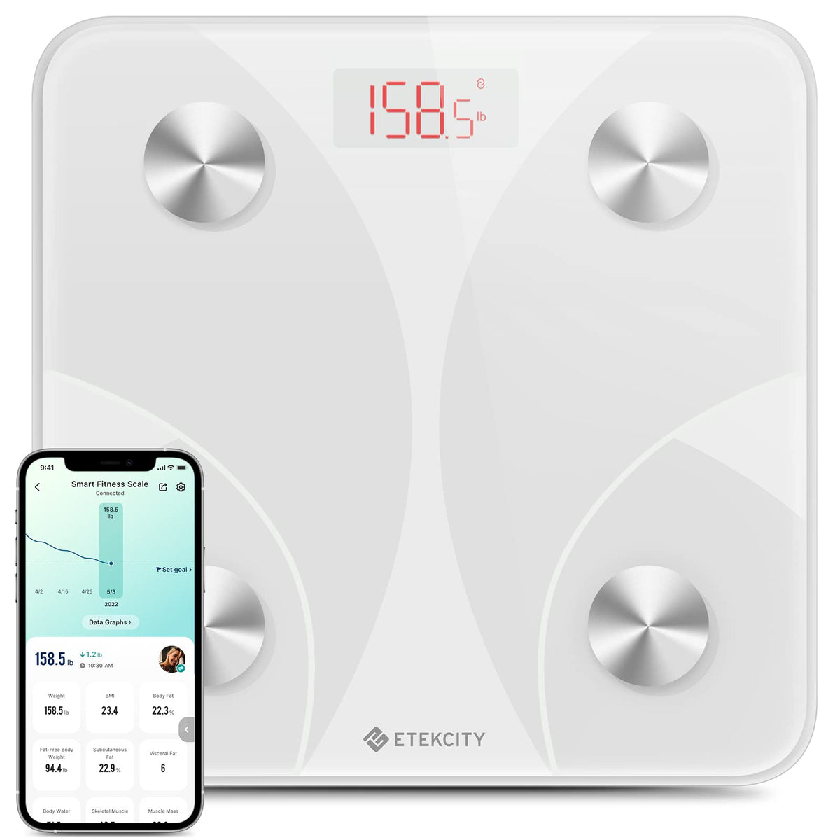Etekcity Smart Scale for Body Weight and Fat Percentage, Digital Bathroom Accurate Weighing Machine for People's BMI Muscle, Bluetooth Electronic Body Composition Monitor Syncs with App, 400lb, White