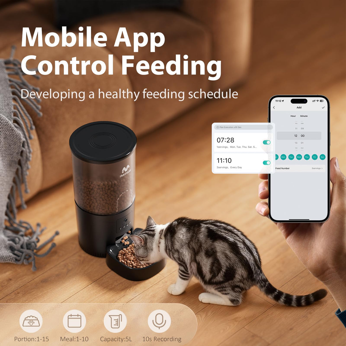 IMIPAW Automatic Cat Feeder, 5G WiFi Cat Food Dispenser with APP Remote Control, Pet Dry Food Smart Feeder, Programmable Timed Feeding, Dual Power Supply, 1-10 Meals Per Day, Desiccant Bag, Small pets