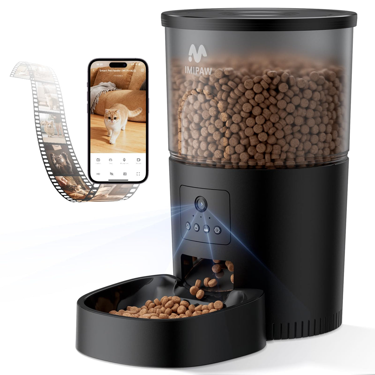 IMIPAW Automatic Cat Feeder, 5G WiFi Cat Food Dispenser with APP Remote Control, Pet Dry Food Smart Feeder, Programmable Timed Feeding, Dual Power Supply, 1-10 Meals Per Day, Desiccant Bag, Small pets