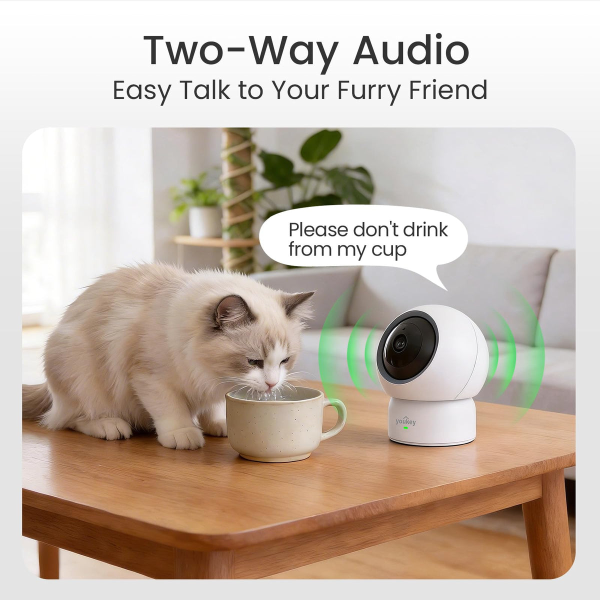 youkey 2.5K Indoor Pet Security Camera, Two-Way Audio Chat to Your Pets, AI Pet/Human Detection, 360° AI Human Tracking, Privacy Mode, No Monthly Fees, Night Vision, WiFi 6（2.4GHz & 5GHz）