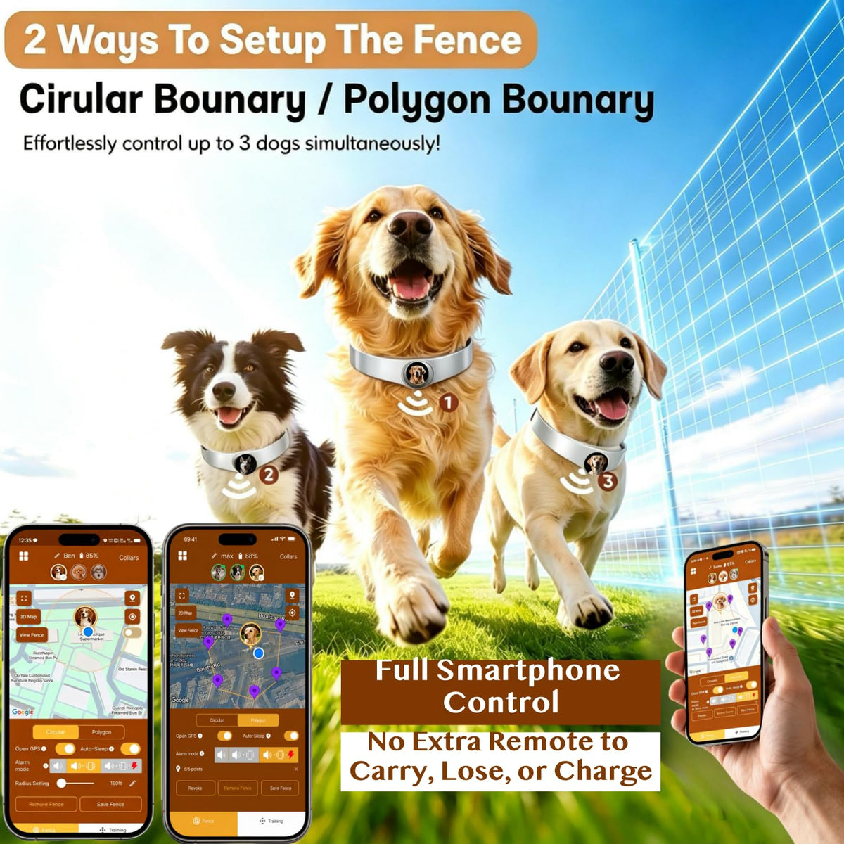 GPS Dog Collar Fence System Free App, Electric Wireless Dog Fence