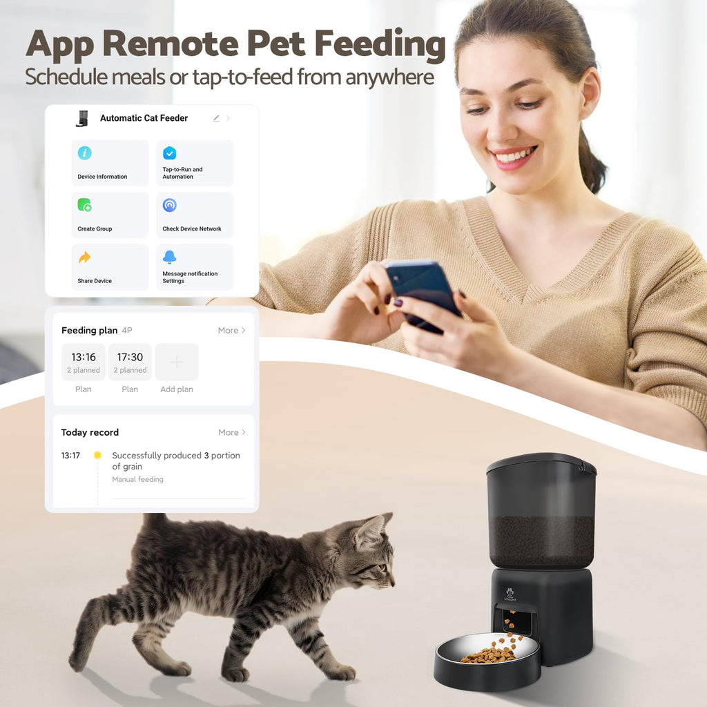 Automatic Cat Feeder, 5G WiFi Auto Cat Food Dispenser with Desiccant Bag, 5L Timed Pet Feeder with Free APP Service, Adjustable Portions Down to 1/12 Cup, Up to 10 Meals Per Day, Dual Power Supply