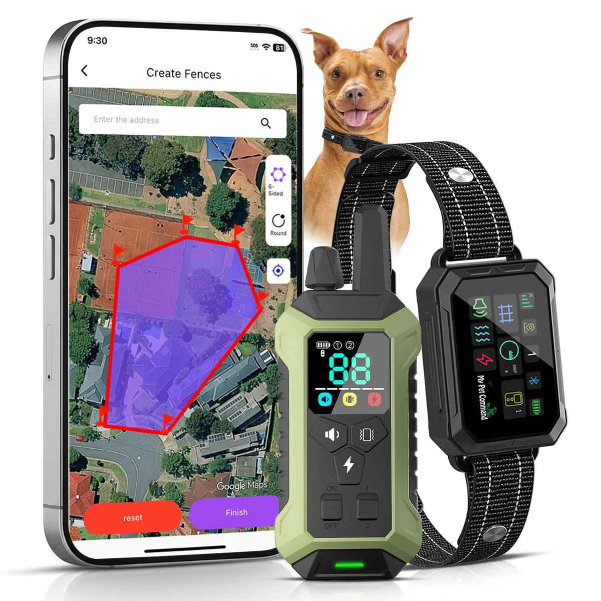 My Pet Command 2-in-1 Smart Wireless GPS Dog Fence and Training Shock Collar with Remote, No Subscription, Circular or 6-Sided Fences, Smartphone App, Google Maps Positioning