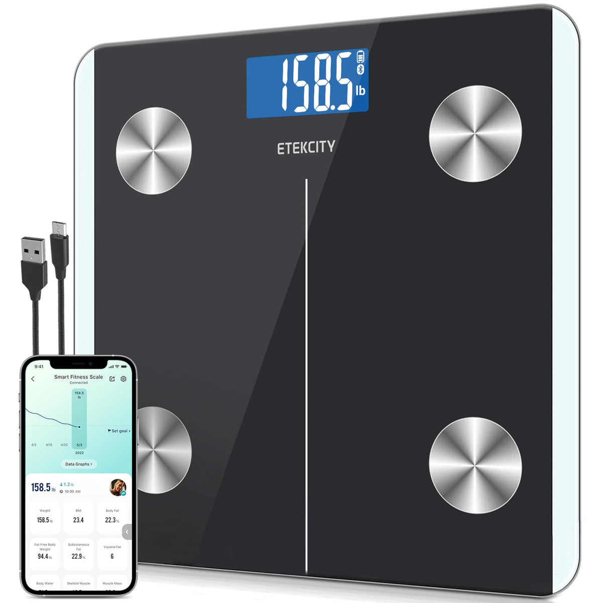 Etekcity Smart Scale for Body Weight and Fat Percentage, Digital Bathroom Accurate Weighing Machine for People's BMI Muscle, Bluetooth Electronic Body Composition Monitor Syncs with App, 400lb, White