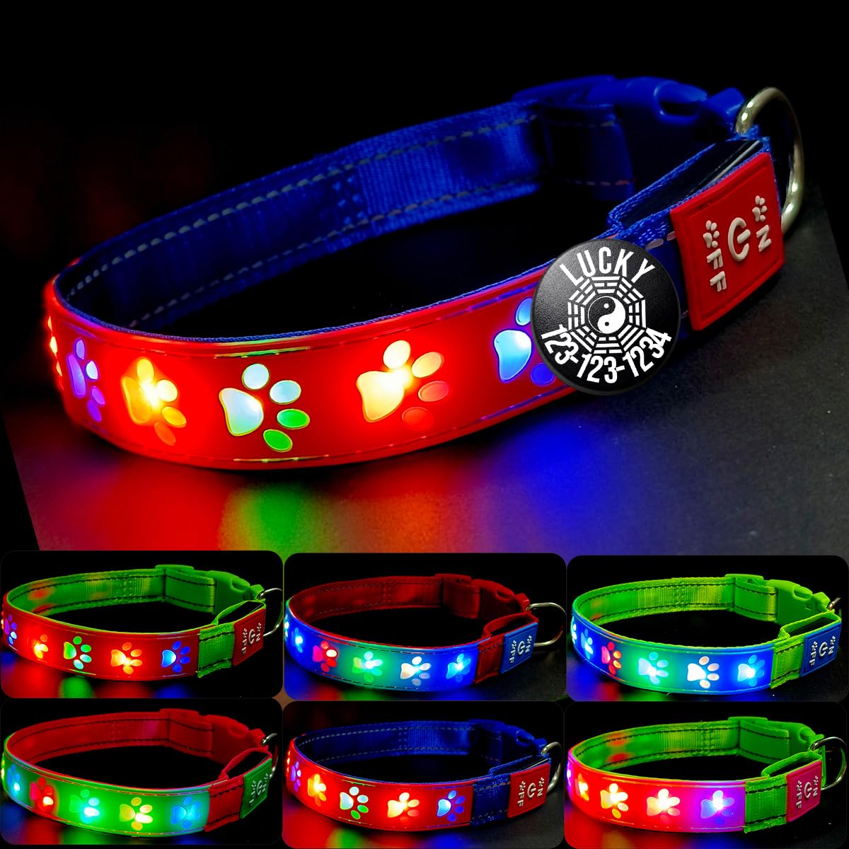 DOGLED LED Light up Dog Collar with Laser Engraved ID Tag, Paw Print Design, 15 Color Modes, USB-C Charging, Waterproof