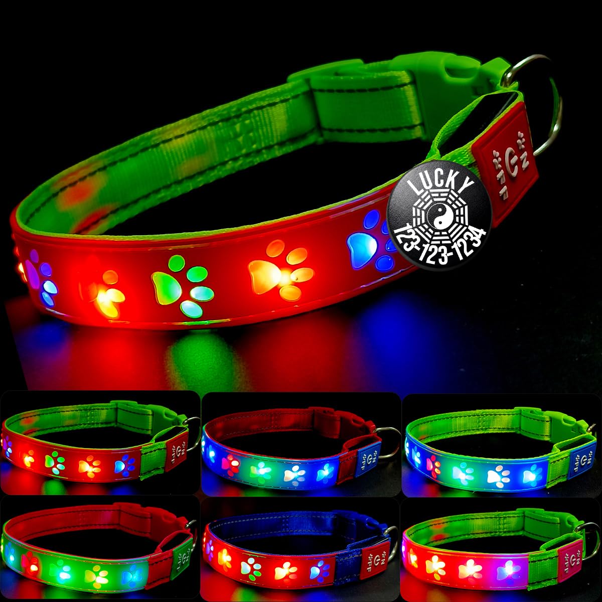 DOGLED LED Light up Dog Collar with Laser Engraved ID Tag, Paw Print Design, 15 Color Modes, USB-C Charging, Waterproof