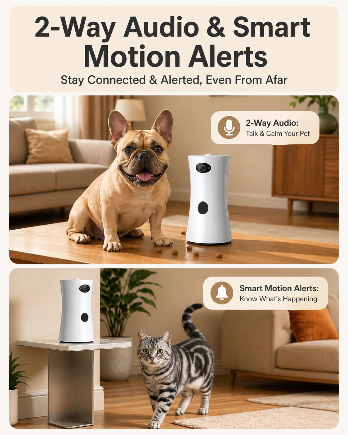 PETCPU Pet Camera Treat Dispenser, 360° Pet Dog Security Cameras with Phone App, WiFi 5G/2.4G, Two Way Audio, Night Vision, Remote Treat Tossing, Motion Alert for Home Indoor Pet Cat Puppy Monitoring