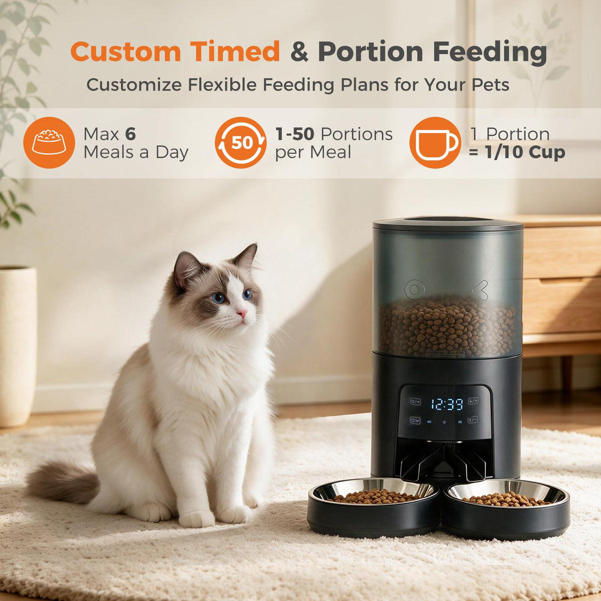 Sweetcrispy Automatic Cat Feeder for 2 Cats, 6L Auto Pet Feeder, Ivory