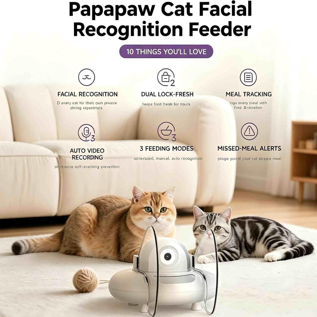 Papapaw AI Facial Recognition Cat Feeder for 10 Cats, Built-in Ice Pack Keeps Wet Food Fresh 12Hrs, Multi-Cat Feeder with WiFi App, Night Vision, Timed Portions, Stainless Steel Bowls, Dry & Wet Food