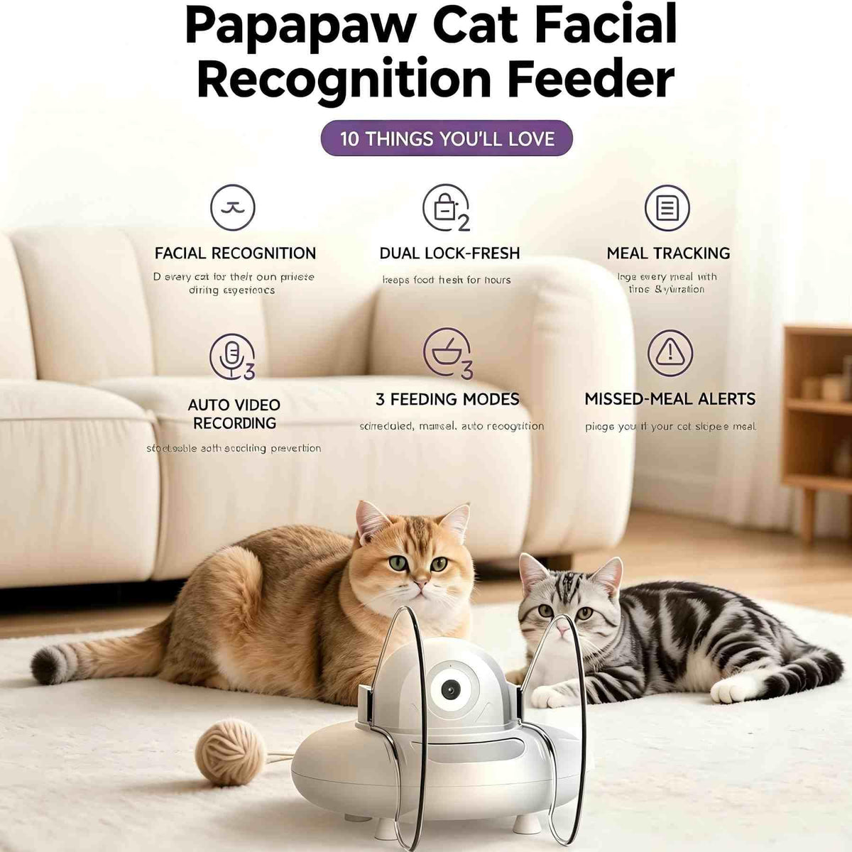 Papapaw AI Facial Recognition Cat Feeder for 10 Cats, Built-in Ice Pack Keeps Wet Food Fresh 12Hrs, Multi-Cat Feeder with WiFi App, Night Vision, Timed Portions, Stainless Steel Bowls, Dry & Wet Food