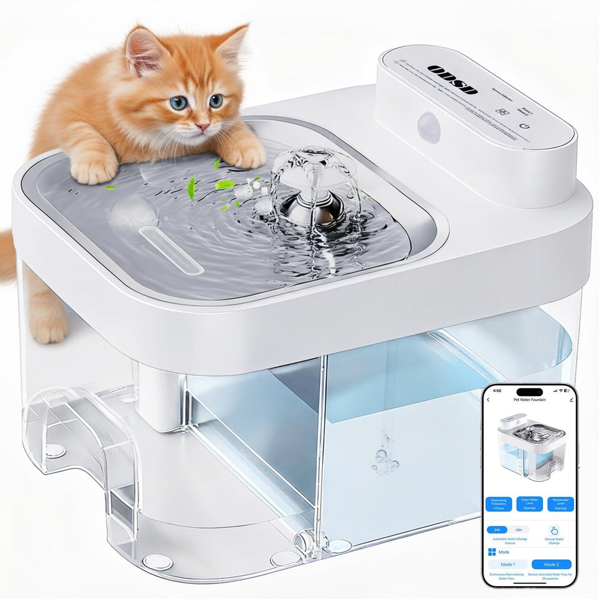 ODSD Cat Water Fountain, App Monitoring Wastewater Separation & No Filter Cotton, Pet Water Fountain with 101oz/3L Large Capacity Tank Water Dispenser for Cats Indoor