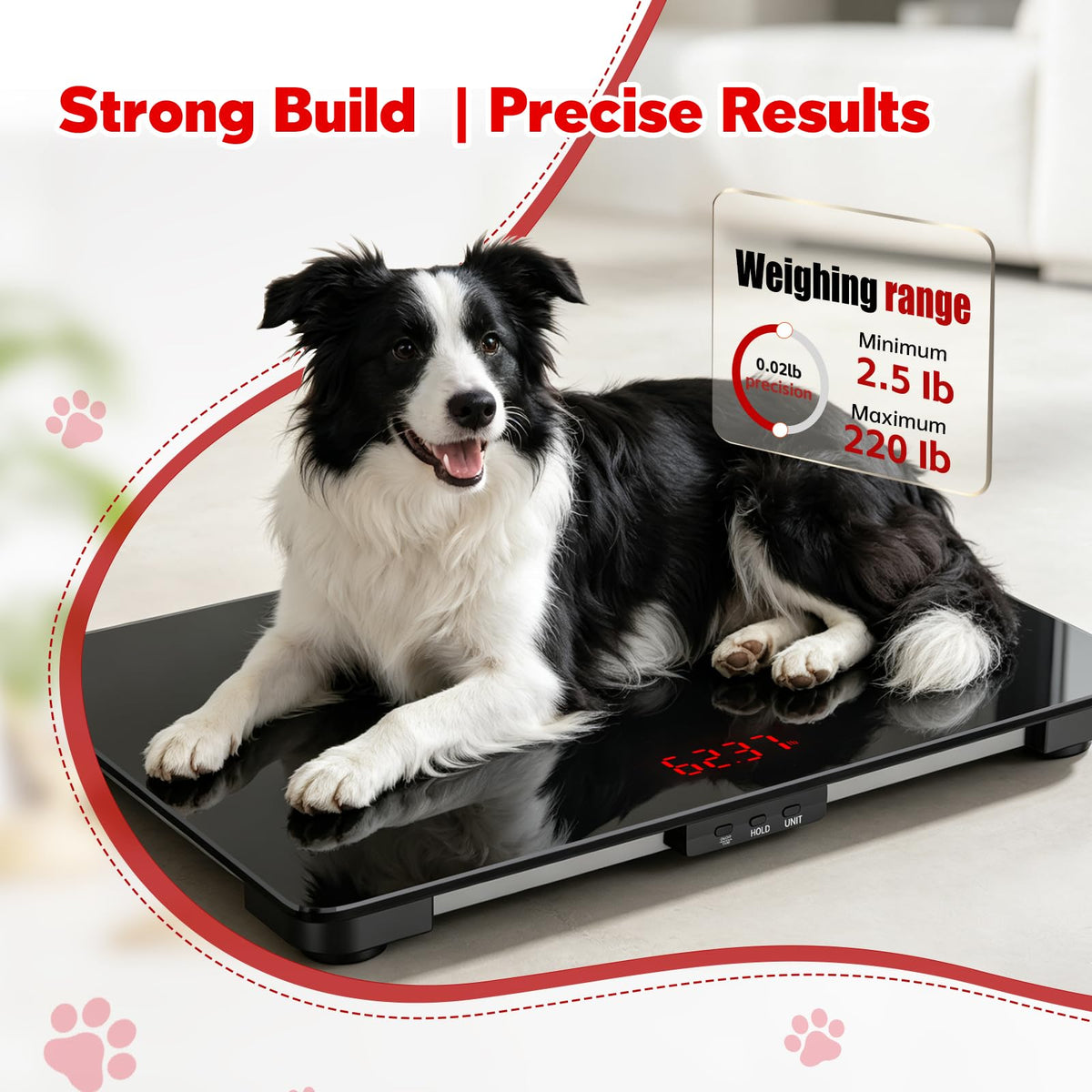 Dog Scale, 220lb Max / 0.01lb Accuracy Pet Scale, 25.6" x 17.7" Wide Platform Dog Scales for Large Breed, Built-in Smart Hold & Tare Function, 3 AAA Batteries Included