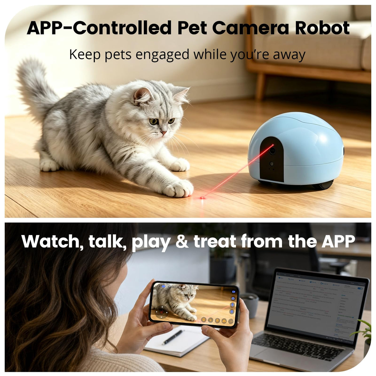 PUMPKII Pet Camera Robot with Treat Dispenser & Laser, Moving Cat Robot Camera for Dogs and Cats with Two-Way Audio, App Remote Control, Auto Recharge, Night Vision