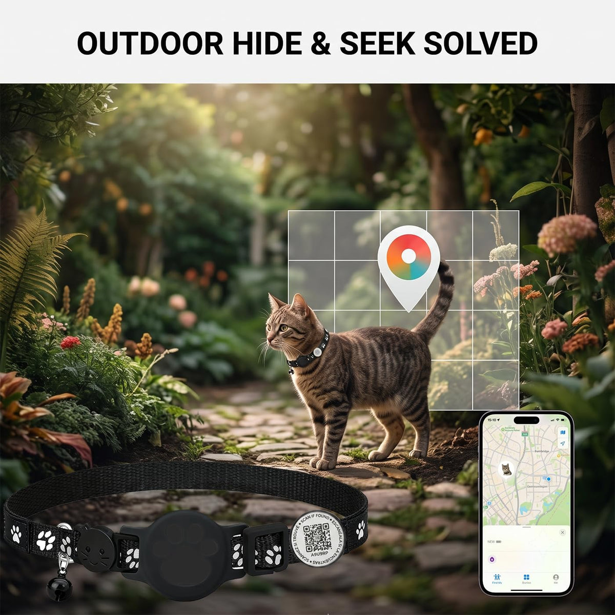 Cat Tracker with QR Code GPS Collar for Cats Electronic Pet Locator Waterproof Compatible with Apple Find My Advanced Tracking Solution Smart Collar Ideal for Small to Large Cats No Monthly Fee
