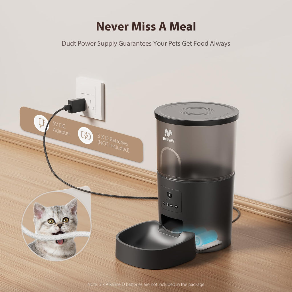 IMIPAW Automatic Cat Feeder, 5G WiFi Cat Food Dispenser with APP Remote Control, Pet Dry Food Smart Feeder, Programmable Timed Feeding, Dual Power Supply, 1-10 Meals Per Day, Desiccant Bag, Small pets