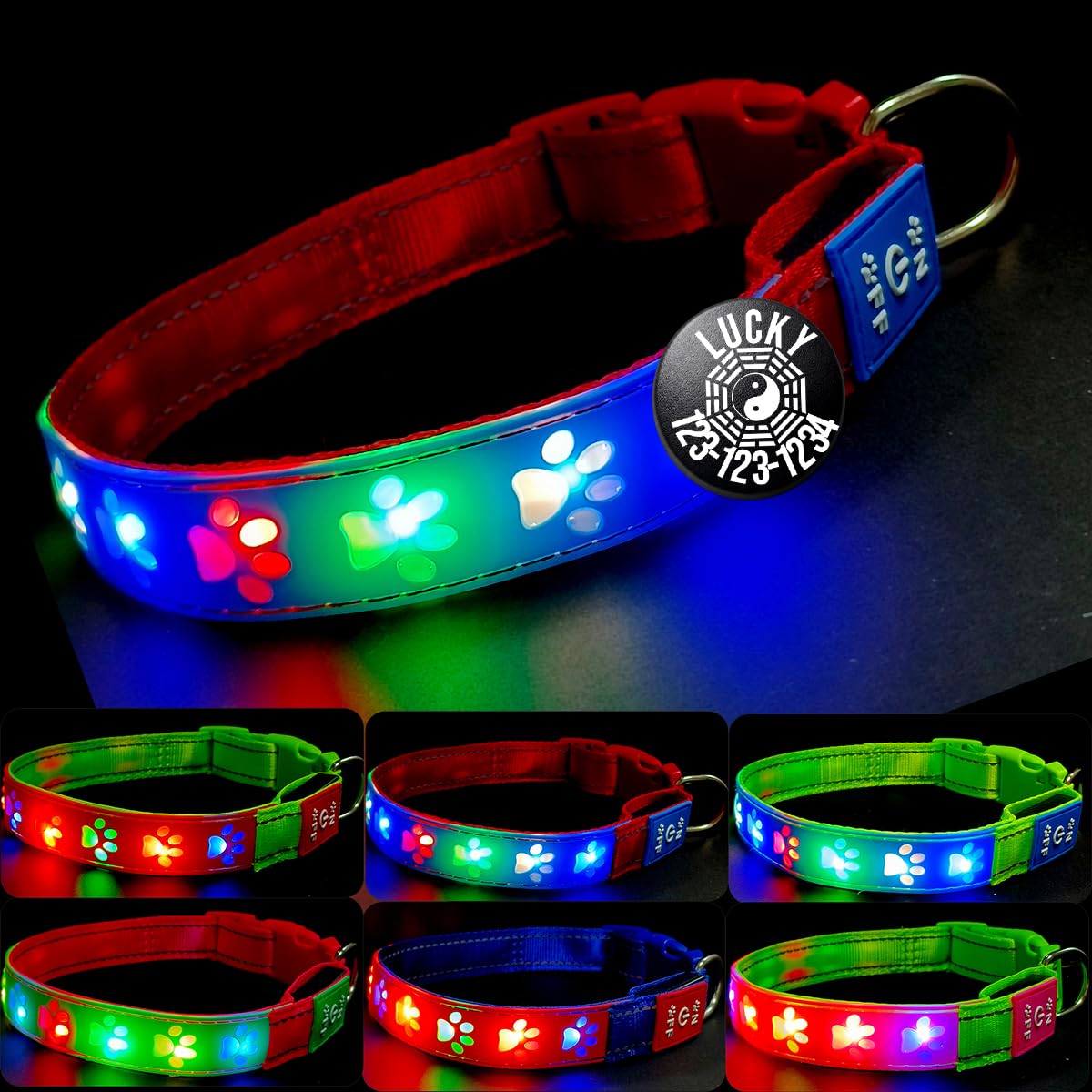 DOGLED LED Light up Dog Collar with Laser Engraved ID Tag, Paw Print Design, 15 Color Modes, USB-C Charging, Waterproof