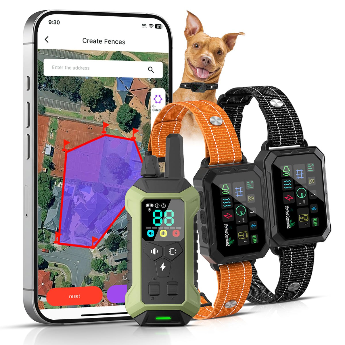 My Pet Command 2-in-1 Smart Wireless GPS Dog Fence and Training Shock Collar with Remote, No Subscription, Circular or 6-Sided Fences, Smartphone App, Google Maps Positioning