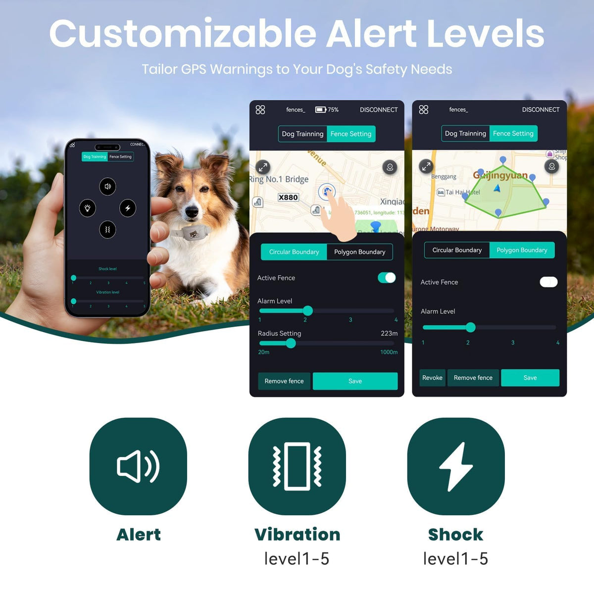 Wireless Dog Fence, GPS Dog Collar Fence System No Subscription with Training Collar, Electric Fence for Dogs Circular & Custom Boundary, IPX7 Waterproof Rechargeable of Dogs