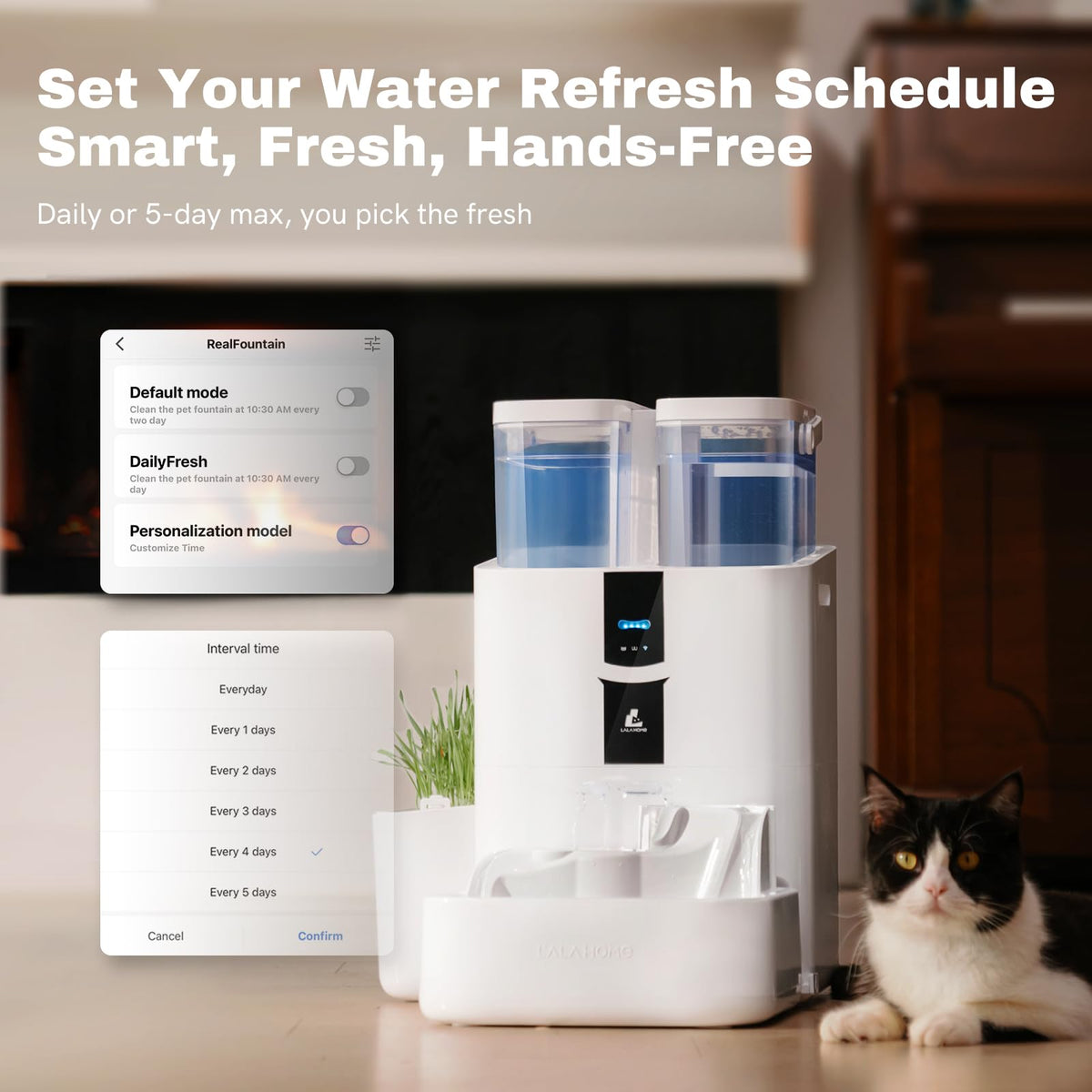 LALAHOME DailyFresh Pet Fountain 338 fl oz/10L Pet Water Fountain for Cats Dogs Indoor, Automatic Large Capacity OxygenZ Water Dispenser for Drinking More, Replacement Filters,5G WiFi Phone Control