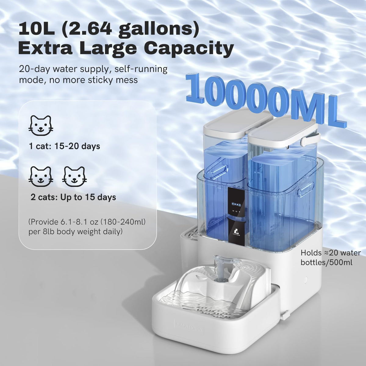 LALAHOME DailyFresh Pet Fountain 338 fl oz/10L Pet Water Fountain for Cats Dogs Indoor, Automatic Large Capacity OxygenZ Water Dispenser for Drinking More, Replacement Filters,5G WiFi Phone Control