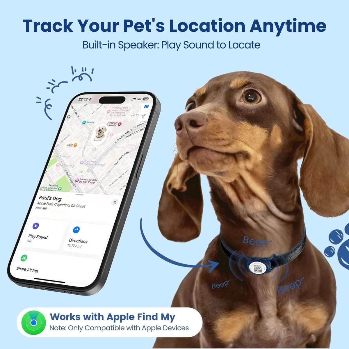 PawView Smart Pet Tracker with QR ID Holder, Compatible with Apple Find My
