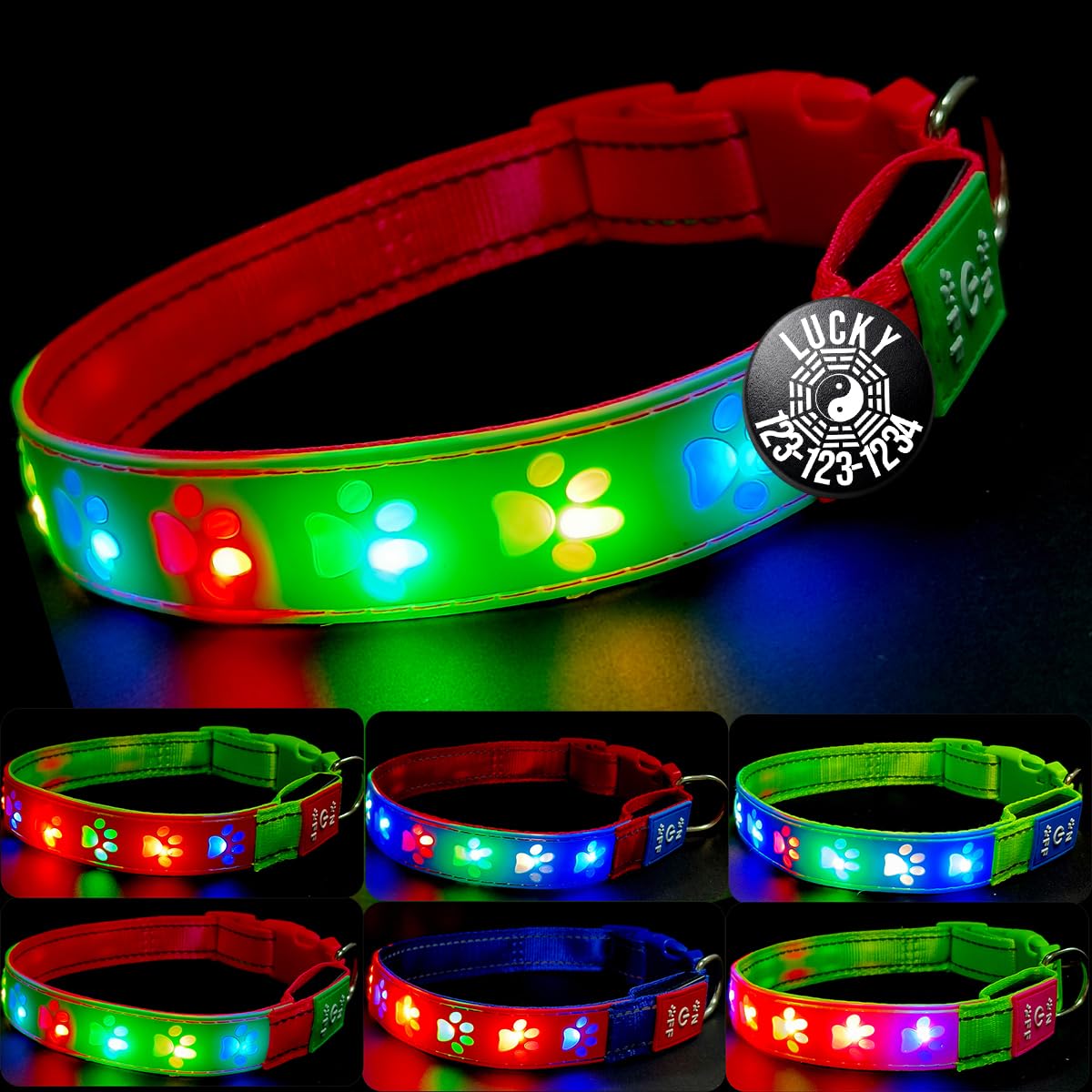 DOGLED LED Light up Dog Collar with Laser Engraved ID Tag, Paw Print Design, 15 Color Modes, USB-C Charging, Waterproof