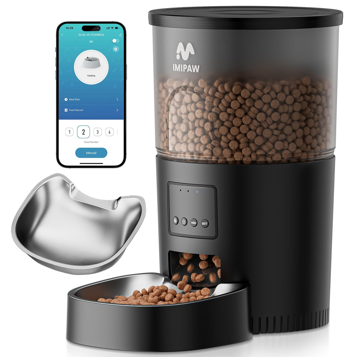 IMIPAW Automatic Cat Feeder, 5G WiFi Cat Food Dispenser with APP Remote Control, Pet Dry Food Smart Feeder, Programmable Timed Feeding, Dual Power Supply, 1-10 Meals Per Day, Desiccant Bag, Small pets