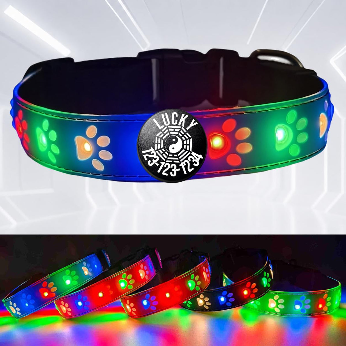 DOGLED LED Light up Dog Collar with Laser Engraved ID Tag, Paw Print Design, 15 Color Modes, USB-C Charging, Waterproof