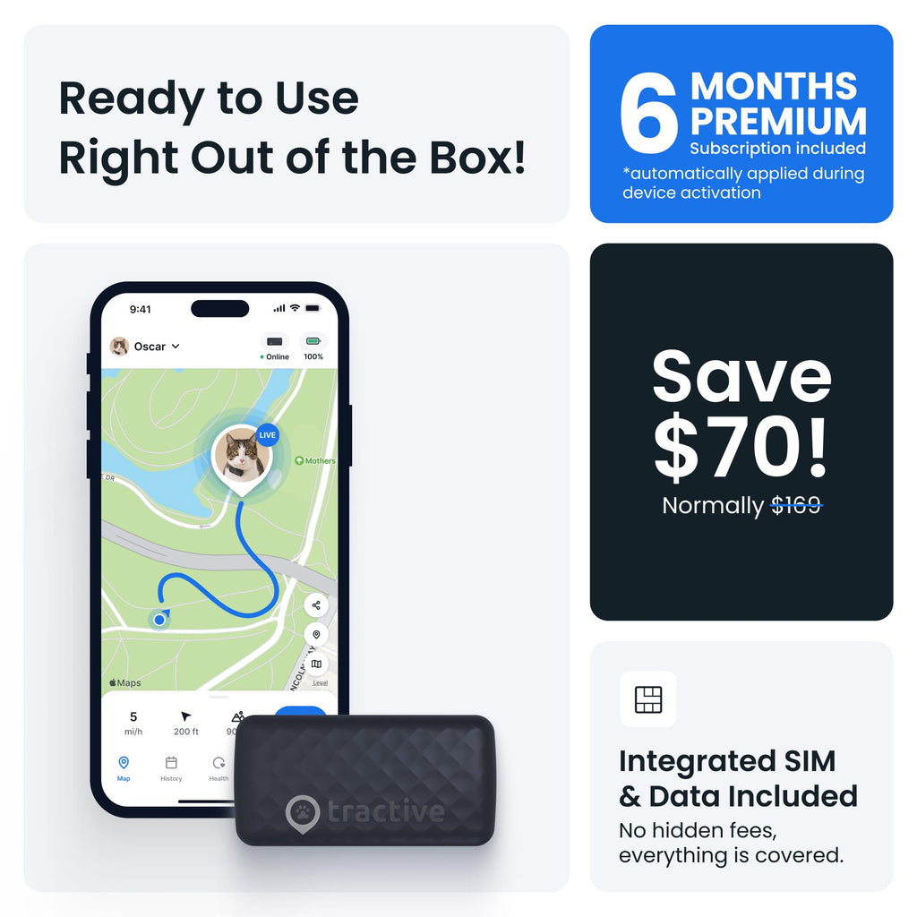 Tractive Smart Cat GPS Tracker | Real-Time Location & Wellness Monitoring for Cats 6.5 lbs+ | Territory & Location History | Up to 5-Day Battery | Breakaway Collar Included