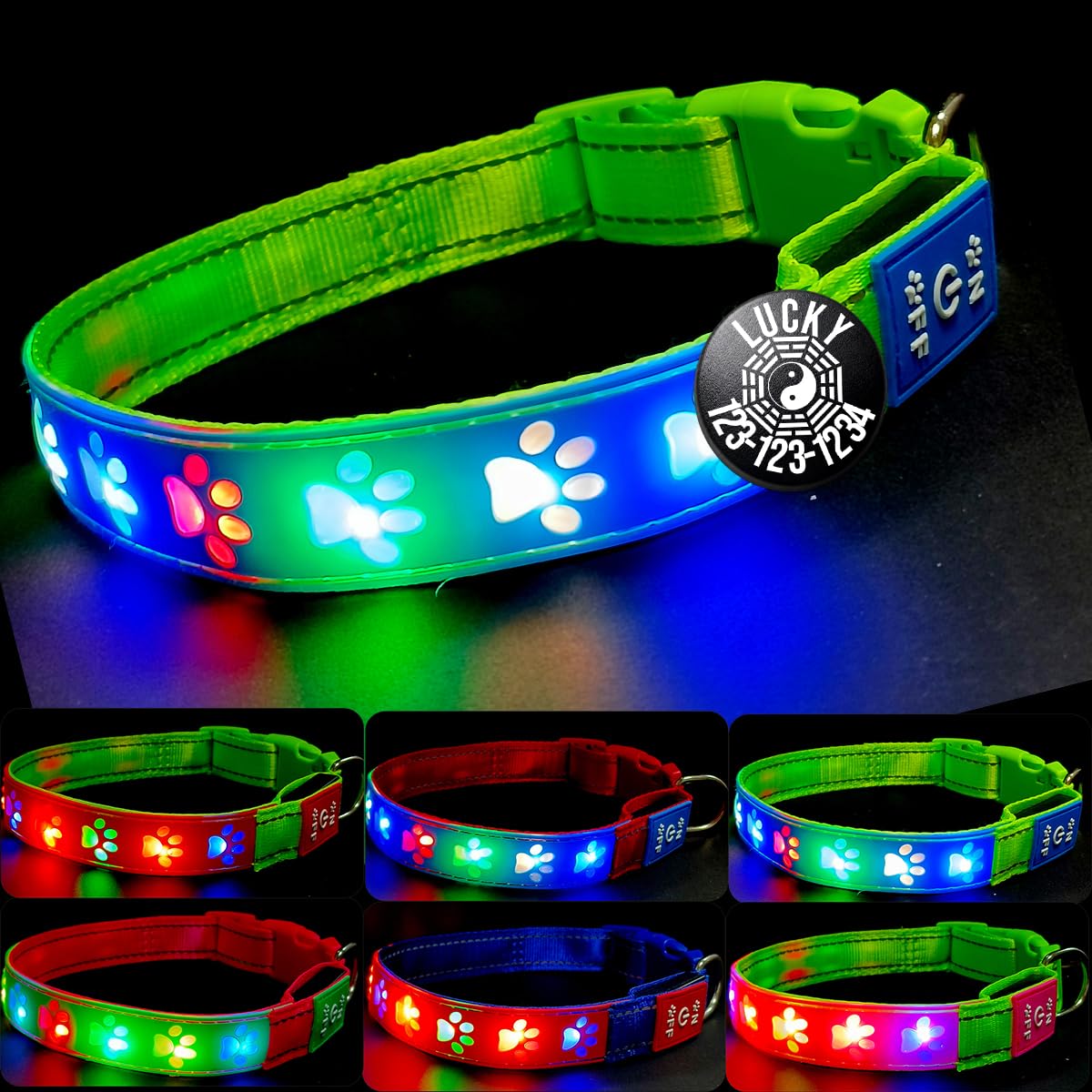DOGLED LED Light up Dog Collar with Laser Engraved ID Tag, Paw Print Design, 15 Color Modes, USB-C Charging, Waterproof