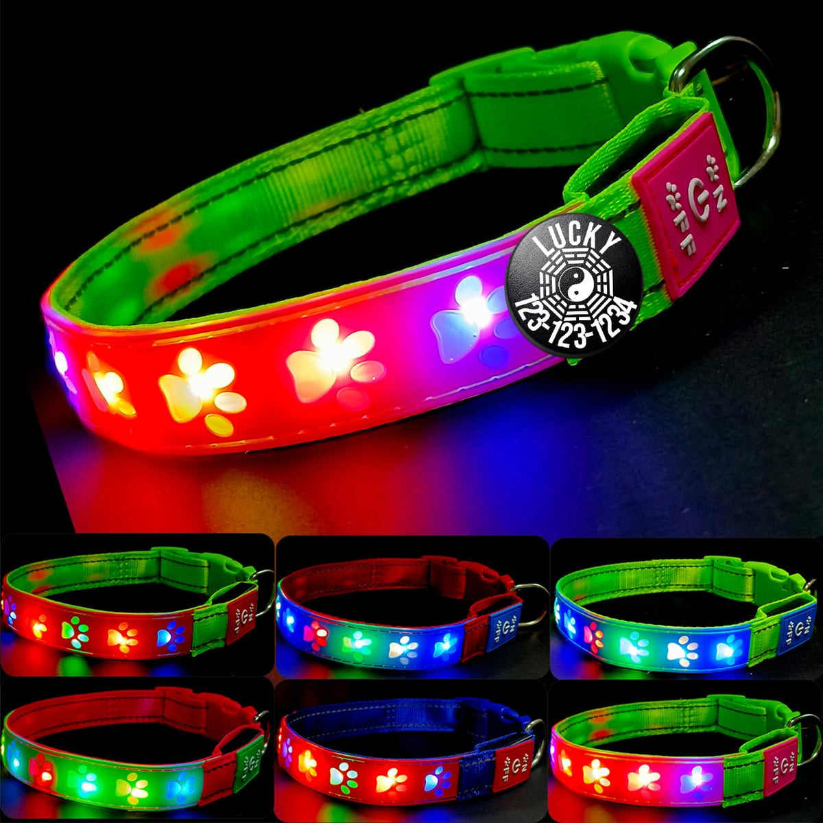 DOGLED LED Light up Dog Collar with Laser Engraved ID Tag, Paw Print Design, 15 Color Modes, USB-C Charging, Waterproof