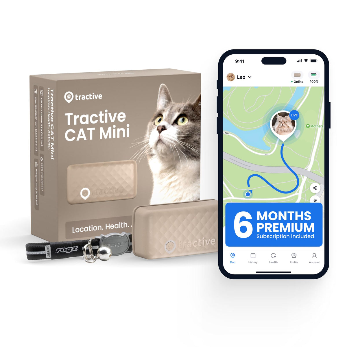 Tractive Smart Cat GPS Tracker | Real-Time Location & Wellness Monitoring for Cats 6.5 lbs+ | Territory & Location History | Up to 5-Day Battery | Breakaway Collar Included