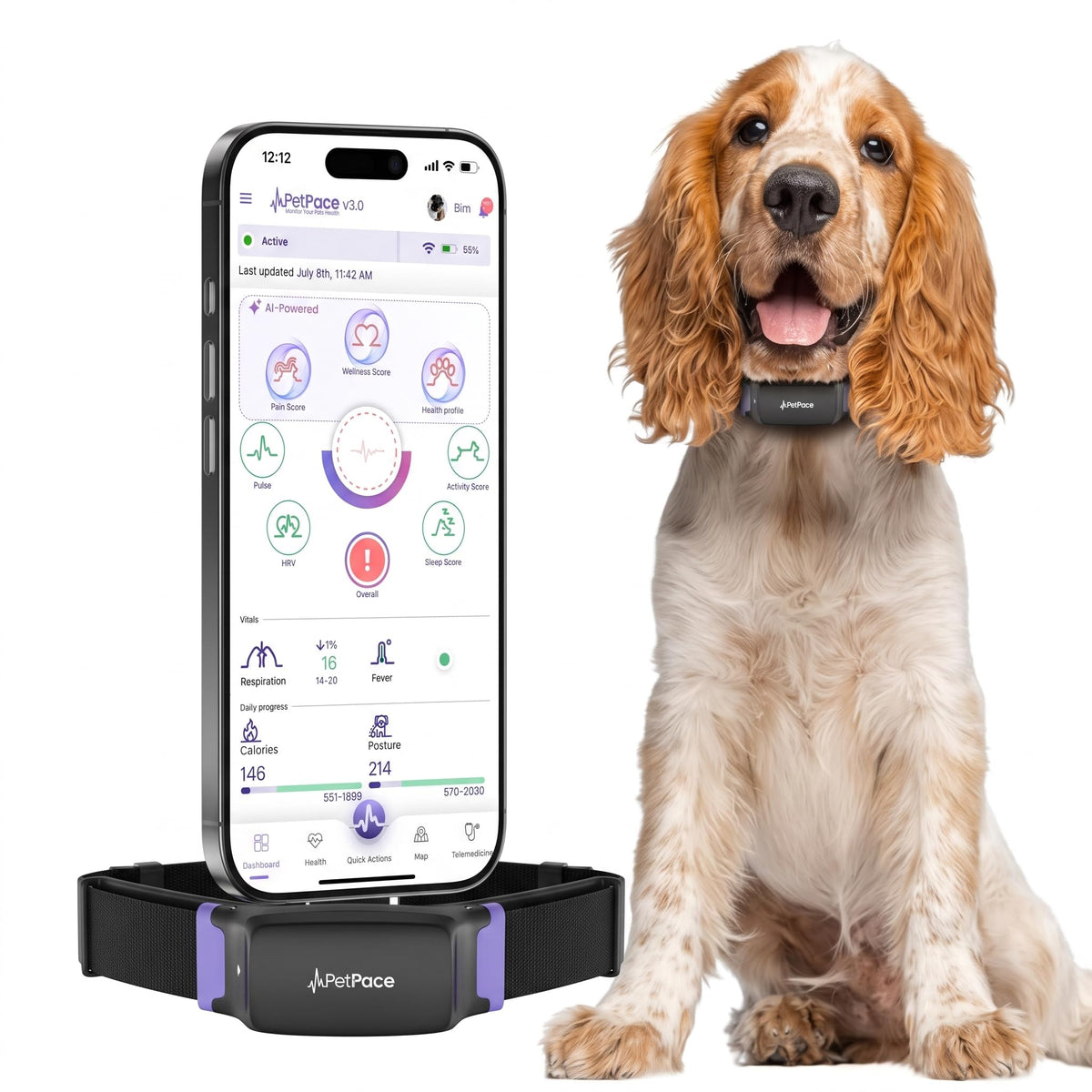PetPace V3.0 Dog Health Monitor – AI Health Collar with 24/7 Vital Signs Tracks Pain GPS, Telehealth AskaVet & Share with Your Vet & Apple Watch Sync – Subscription Required