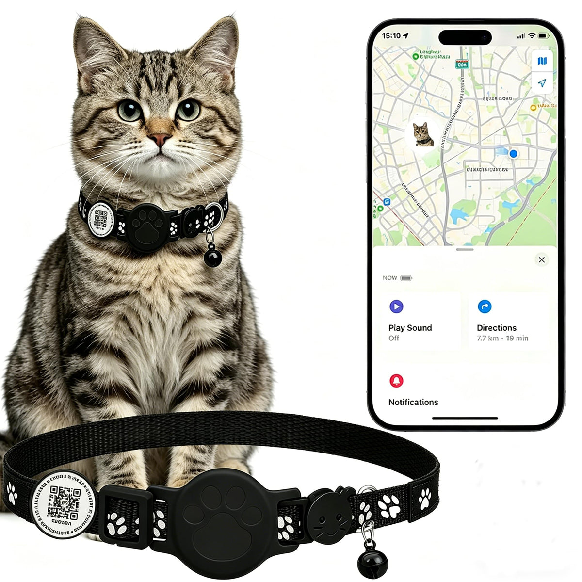 Cat Tracker with QR Code GPS Collar for Cats Electronic Pet Locator Waterproof Compatible with Apple Find My Advanced Tracking Solution Smart Collar Ideal for Small to Large Cats No Monthly Fee