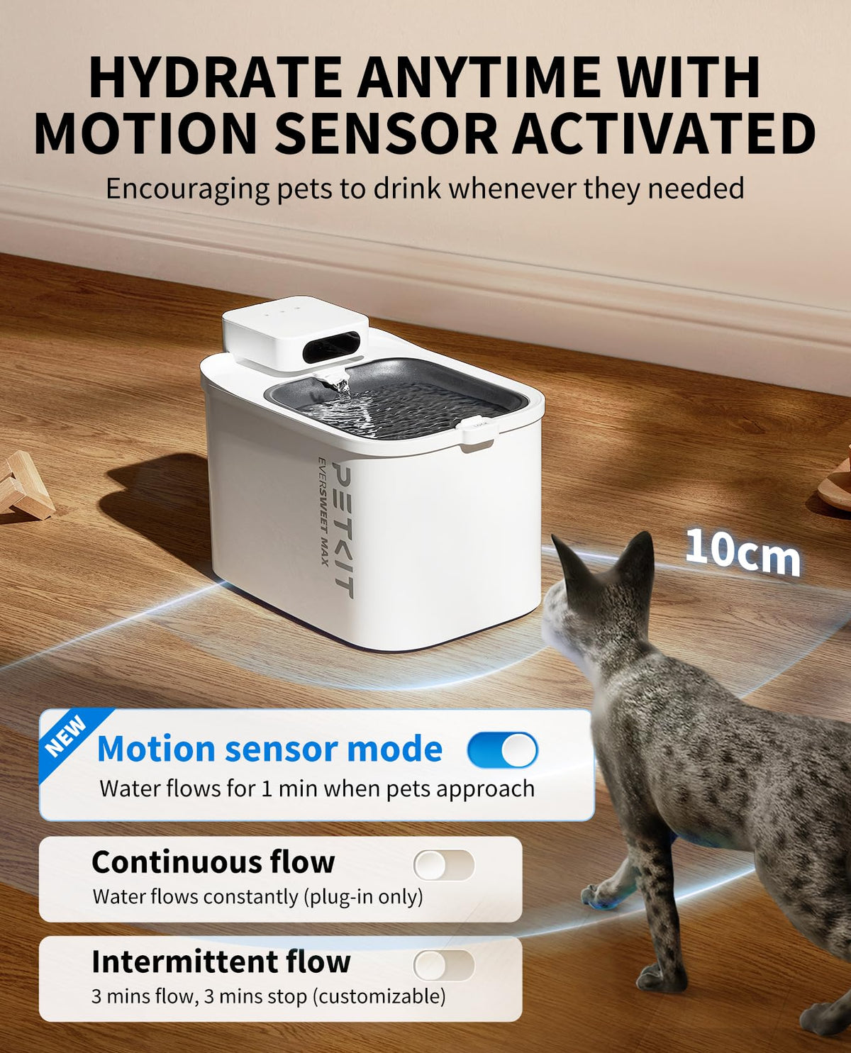 PETKIT EVERSWEET MAX Cordless Cat Water Fountain with Motion Sensor, 101 oz/3L Pet Fountain for Cats Dogs Inside, Automatic Cat Water Dispenser Battery Operated