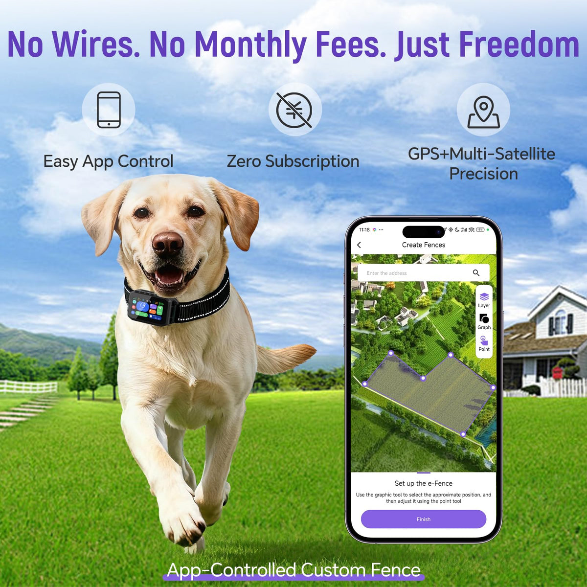 RAINLEOTI GPS Wireless Dog Fence – APP Controlled & Remote Training Collar, No Subscription Fee, Adjustable 25–1000m Boundary, Waterproof,Long Battery Life, for Dogs 10–120 lbs