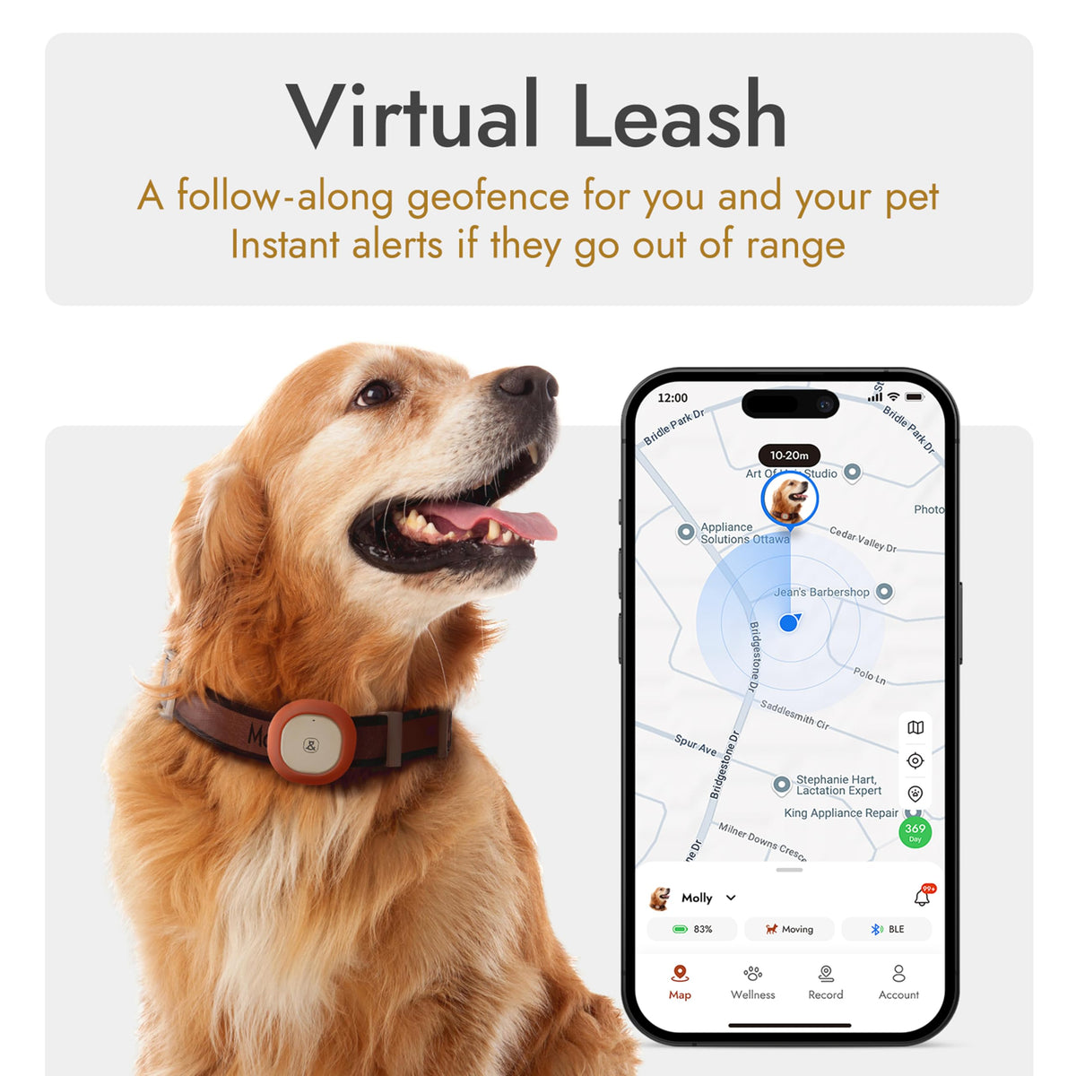 Molly&Cody GPS + Bluetooth Pet Tracker for Cats & Dogs – Real‑Time Tracking, Virtual Fence, IP67 Waterproof, Up to 60‑Day Battery, Health Monitoring, iOS/Android – Subscription Required